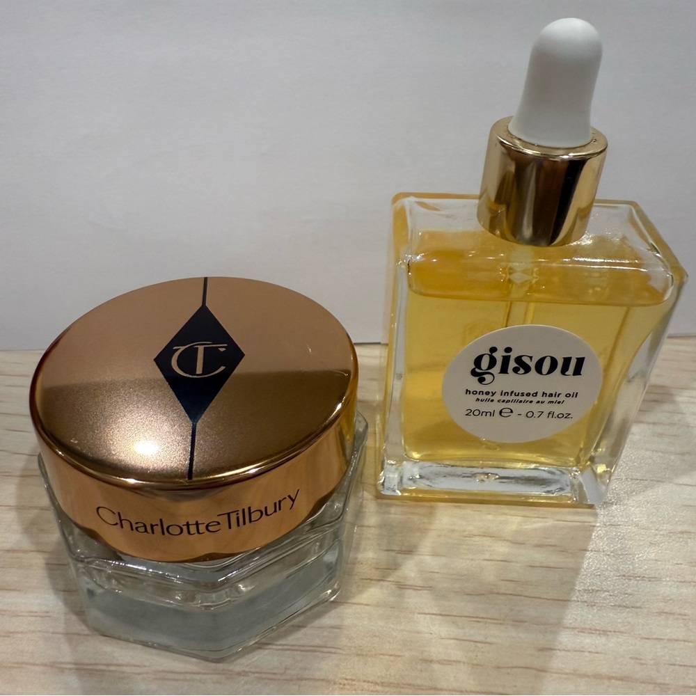 - Charlotte Tilbury Gold Serum & Face Oil/ Gisou honey infused hair oil